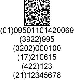 A GS1 DataMatrix containing d201095011014200693922995<GS>320200010017210615422123<GS>2112345678