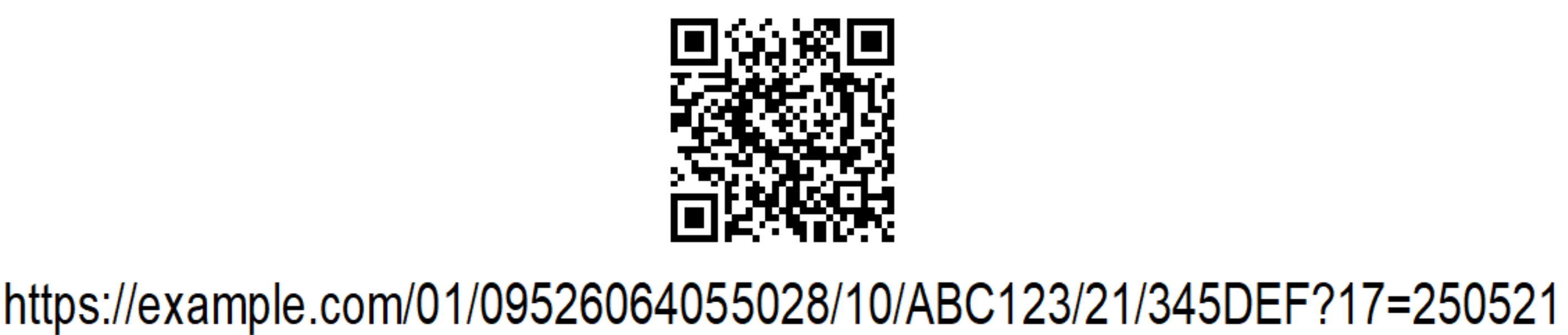 A QR Code with GS1 Digital Link syntax. The full GS1 Digital Link URI is shown below (https://example.com/01/09526064055028/10/ABC123/21/345DEF?17=250521)