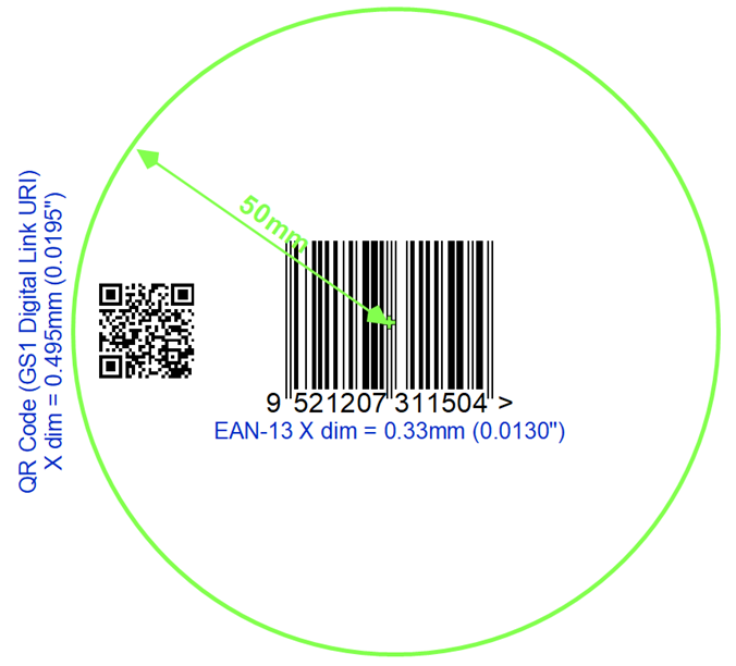 Image shows a 50mm circle centred on an EAN barcode with a .33mm x-dimension. A QR Code with x-dimension .495mm is just inside the circle (allowing for the quiet zone within the circle).