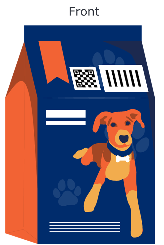 A depiction of a large bag of dog food, front view, showing the 1D and 2D barcodes at the top.