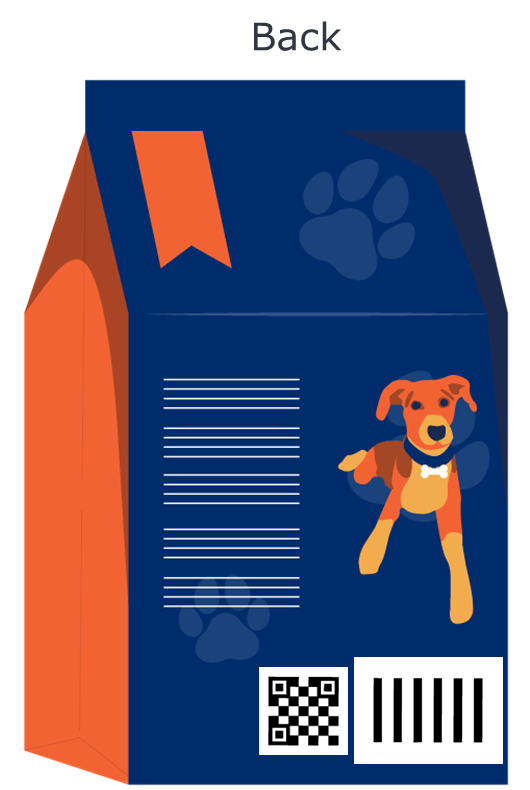A depiction of a large bag of dog food, back view, showing the 1D and 2D barcodes bottom right.