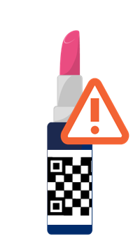 A depiction of a lipstick showing a 2D barcode that wraps around the cylinder. A hazard triangle indicates that this is an error.
