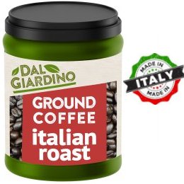 A pack of Italian roast coffee with a Mde in Italy stamp added to the picture