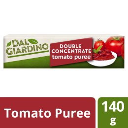 A tube of Dal Giardino tomato puree. The image includes a horizontal coloured strip with the words Tomato Puree  and a lozenge with the size.