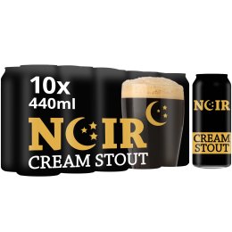 A multipack of 10 x 440ml cans of Noir cream Stout, showing the multipack and a single can outside the pack