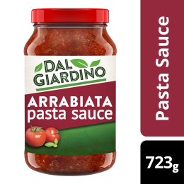 A jar of Dal Giardino pasta sauce. The words Pasts sauce are written vertically in large which letters against a dark red background to the right of the jar.