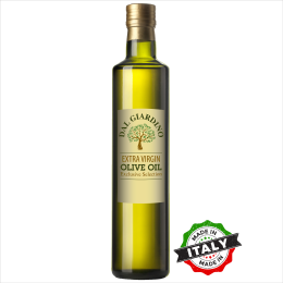 A bottle of Dal Giardino olive oil with a made in Italy stamp off pack