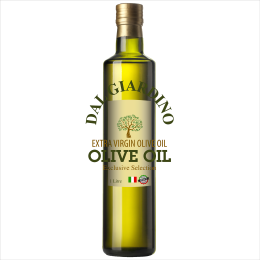 A bottle of Dal Giardino olive oil with the text breaking the pack