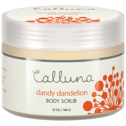 A pack shot of Calluna Dandy Dandioion body scrub as it appears on the shelf