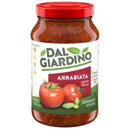 A jar of Dal Giardino pasta sauce. This is just a pack shot and includes a lot of clutter which makes it illegible.