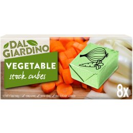 A pack shot of Dal Giardino stock cubes. The pack is much wider than it is is tall