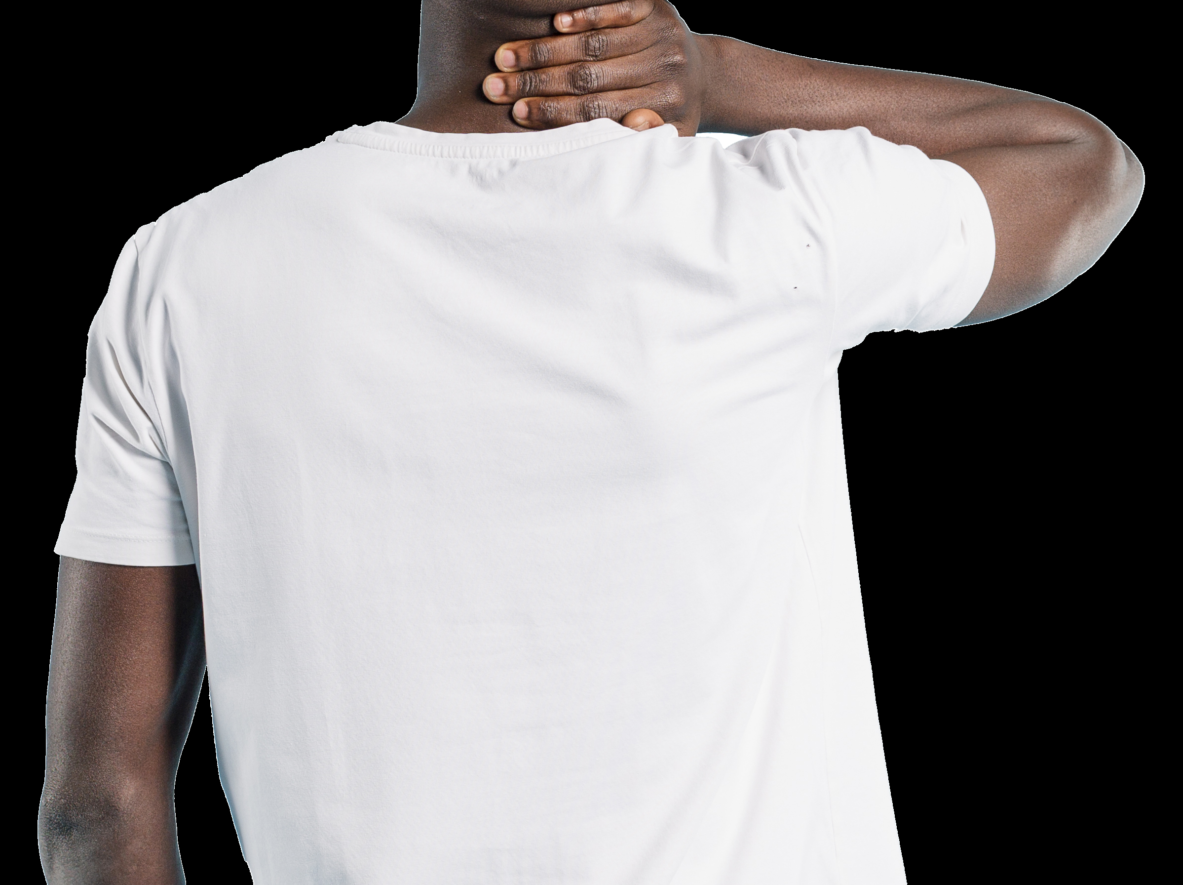 model wearing a white t-shirt. Rear view