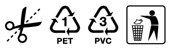 An odd set of icons including cut along the dotted line, two types of plastic and throwing something away